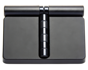 Rotating double hinge mechanism made of black matte plastic on a transparent background