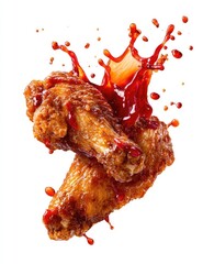 Crispy fried chicken wings, drenched in a vibrant red sauce, exploding in a dynamic splash