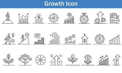 Growth Web Icon Set in Line Style. Collection of Upskill Linear Icons, Including professional, personal, financial growth, progress, career, arrows up, goal, development and more. 
