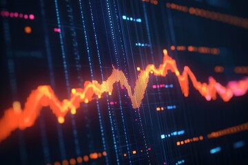 Close-up of glowing orange fluctuating line graph against dark background with blue and pink data points and vertical grid lines representing financial data or stock market trends
