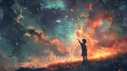 Naklejka premium A kid with a kite made of stars 