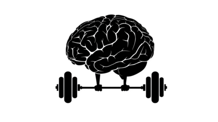 Vector filled silhouette of a brain lifting barbells, isolated on white, concept of mental strength