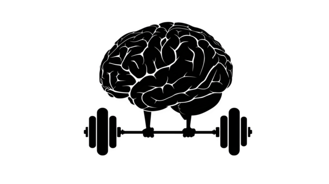 Vector filled silhouette of a brain lifting barbells, isolated on white, concept of mental strength