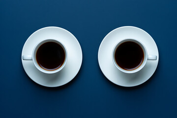 Top-down view of two white ceramic cups filled with black coffee on matching saucers, arranged symmetrically on a solid classic blue background. Minimalist coffee break concept.