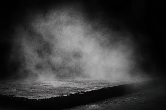 Misty fog drifting over a rough flat stone surface in a dark, dramatic setting with high contrast lighting
