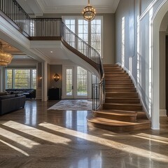 Spacious modern interior with large curved wooden staircase, tall windows allowing natural light to flood a polished floor, and elegant furnishings creating serene ambiance