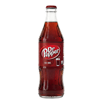 glass bottle of dr pepper soda, classic beverage packshot on white

