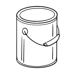 paint can black outline vector illustration, cylindrical metal body, curved handle with plastic grip on a white background. For renovation, painting, art theme