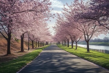 Fototapeta premium Scenic pathway lined with blooming pink cherry blossom trees under a partly cloudy sky beside a calm river, evoking tranquility and natural beauty