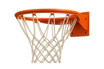 Orange basketball hoop with white net hanging, isolated on transparent background, ready for scoring
