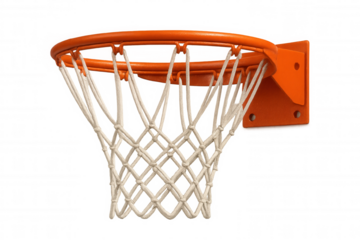 Orange basketball hoop with white net hanging, isolated on transparent background, ready for scoring