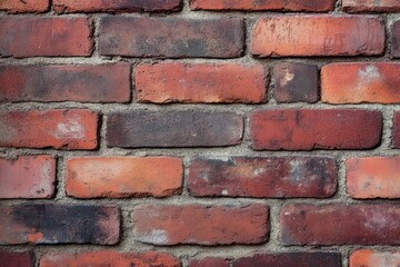 Obraz premium Close-up view of an aged brick wall with varying shades of red, orange, and dark brown bricks cemented together with gray mortar, showcasing rough texture and weathered appearance