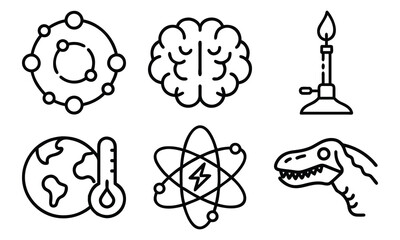 Science and Laboratory Line Icons Chemistry, Physics, Biology, Space, Robotics, Data, and Medical Vector Icon Set for Education, Research, and STEM Projects