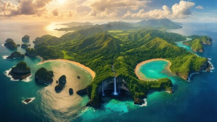 Majestic Island Paradise with a Waterfall Plunging into a Glowing Turquoise Grotto