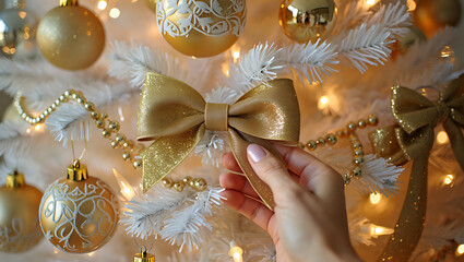 Hand decorating white tree with gold ornaments and bows christmas tree gold bows