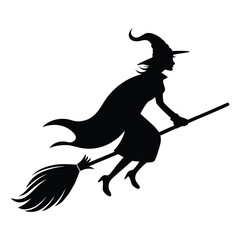 Witch silhouette flying on broomstick vector illustration with animals Halloween design