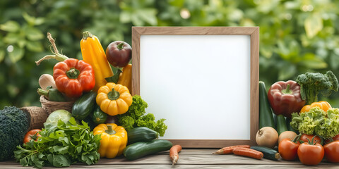 Fresh fruits and vegetables surrounding blank sign board on wooden table with blurred green nature background. Colorful healthy food frame for nutrition, farmers market and organic food promotions