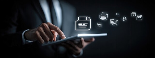 Businessperson using tablet, digital document icons