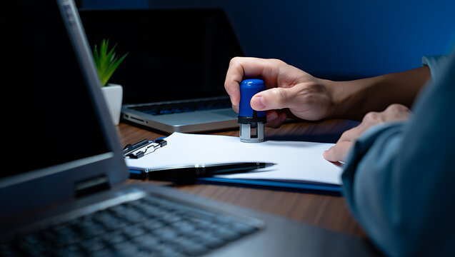Hand holding blue stamp over paper on desk with laptops image