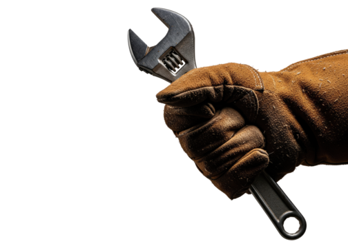 a hand in a textured brown work glove, holding an adjustable wrench
