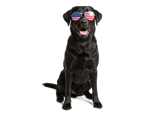 black labrador retriever with american flag sunglasses celebrating american holidays like labor day, memorial day, and the 4th of July - Powered by Adobe