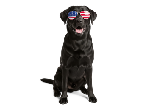 black labrador retriever with american flag sunglasses celebrating american holidays like labor day, memorial day, and the 4th of July