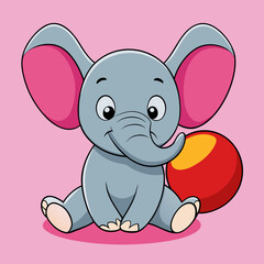 Obraz premium Cartoon Baby Elephant Holding Ball – Pink Background, Whimsical Animal Illustration