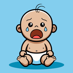 Fototapeta premium Crying Cartoon Baby in Diaper – Light Blue Background, Whimsical Emotion Illustration