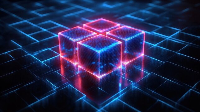 Glowing neon cubes with blue and red light on a futuristic grid surface emitting a high-tech digital vibe