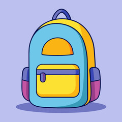 Obraz premium Cartoon Backpack Illustration – Blue Front, Yellow Pocket and Top, Purple Sides, Light Purple Background, Whimsical School Supply Icon