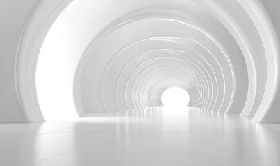 Obraz premium Bright white curved tunnel with smooth reflective floor and repetitive arch structures leading to intense sunlight at the end, evoking a futuristic and serene atmosphere