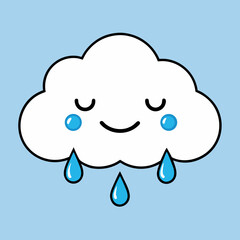 Obraz premium Cartoon Cloud with Raindrops – Smiling Face, Blue Cheeks, Light Blue Background, Whimsical Weather Symbol, Cute Rain Illustration