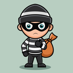 Cartoon Burglar Illustration &ndash; Striped Shirt, Orange Sack, Light Green Background, Whimsical Crime Concept, Character Design