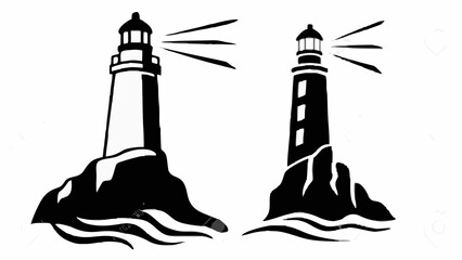 Two black and white lighthouses on rocky outcrops with beams of light emanating from their towers at sea 100 silhouette