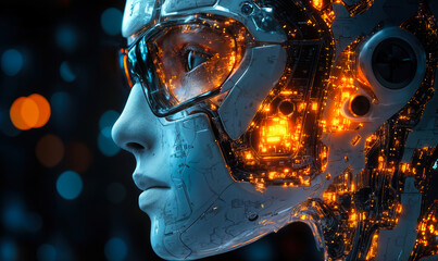 Futuristic cyborg woman head close-up with illuminated mechanical and electronic components in dark background representing advanced robotics and artificial intelligence technology