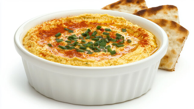 Creamy hummus, paprika, herbs, and pita bread