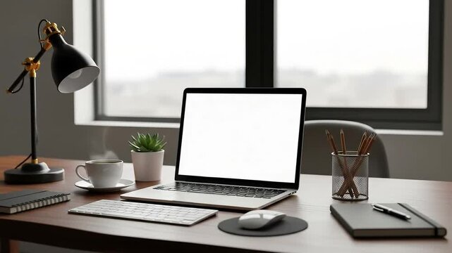 A clean and organized desk setup with a laptop, hot coffee, and essentials provides an ideal environment for productive work.