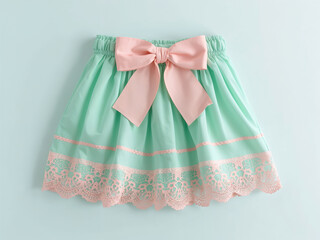 Mint green skirt with pink bow and lace trim image