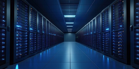 Obraz premium Long corridor of a modern data center filled with rows of server racks illuminated by blue LED lights, creating a futuristic and high-tech atmosphere