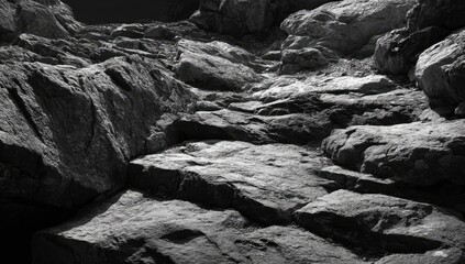 Gray stone rocks, unevenly stacked.  Rough texture.  View looking upward