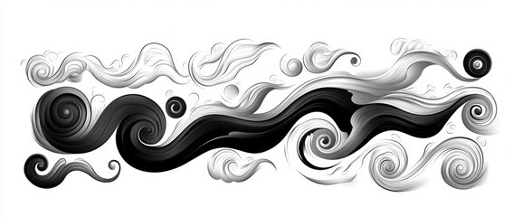 Abstract swirling black and white fluid shapes creating dynamic wave-like patterns with smooth gradients and flowing motion