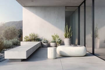 Modern minimalist patio with concrete furniture and desert plant