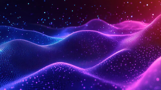 Abstract digital landscape of glowing blue and pink wave-like grids with scattered bright dots on a dark starry background - Powered by Adobe