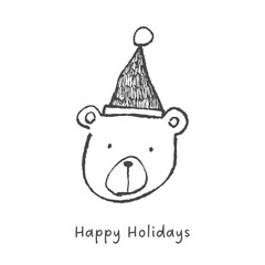 Fototapeta premium サンタ帽子をかぶったクマの顔。手描きの線画イラスト。