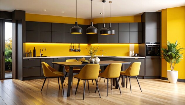 A modern kitchen with a yellow and gray color scheme features a marble island, pendant lights, built-in appliances, and warm accent lighting, complemented by natural light and greenery.