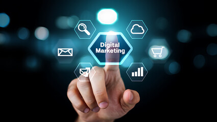Human finger touching digital marketing icons on screen technology business