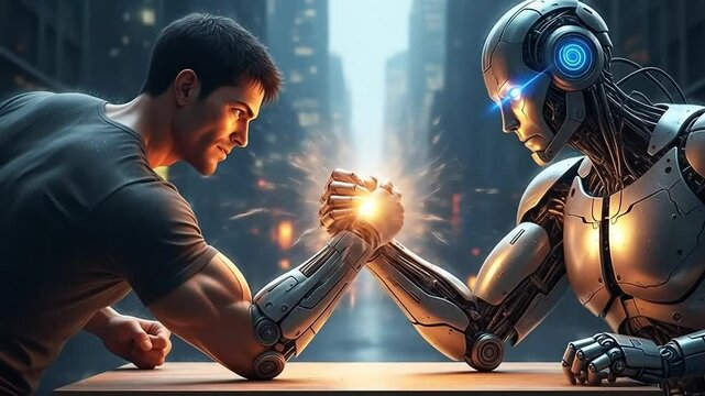 A human and a robot engage in a powerful arm wrestling match, symbolizing the future of human versus AI.