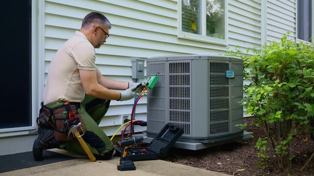 HVAC service worker diagnoses or repairs air conditioner compressor. HVAC Maintenance Service. Wide view