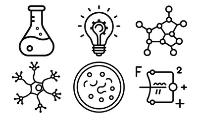 Science and Laboratory Line Icons Chemistry, Physics, Biology, Space, Robotics, Data, and Medical Vector Icon Set for Education, Research, and STEM Projects