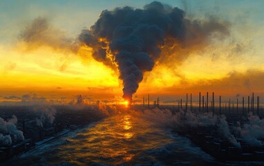 Fototapeta premium Industrial landscape at sunset with thick black smoke billowing from a factory chimney over a river, surrounded by multiple smokestacks emitting pollution